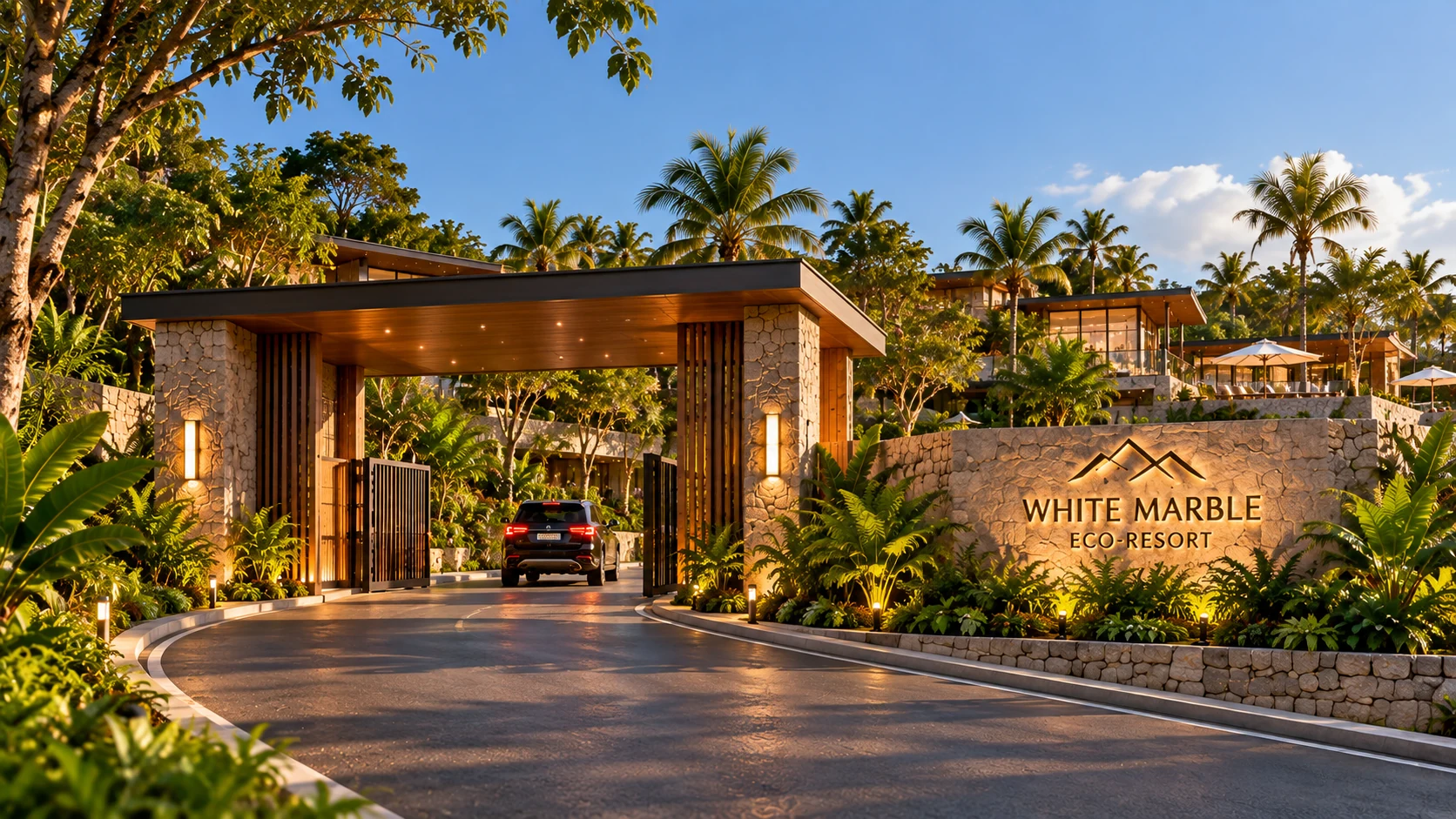 Concept visual of the White Marble Eco Resort entrance surrounded by lush planting